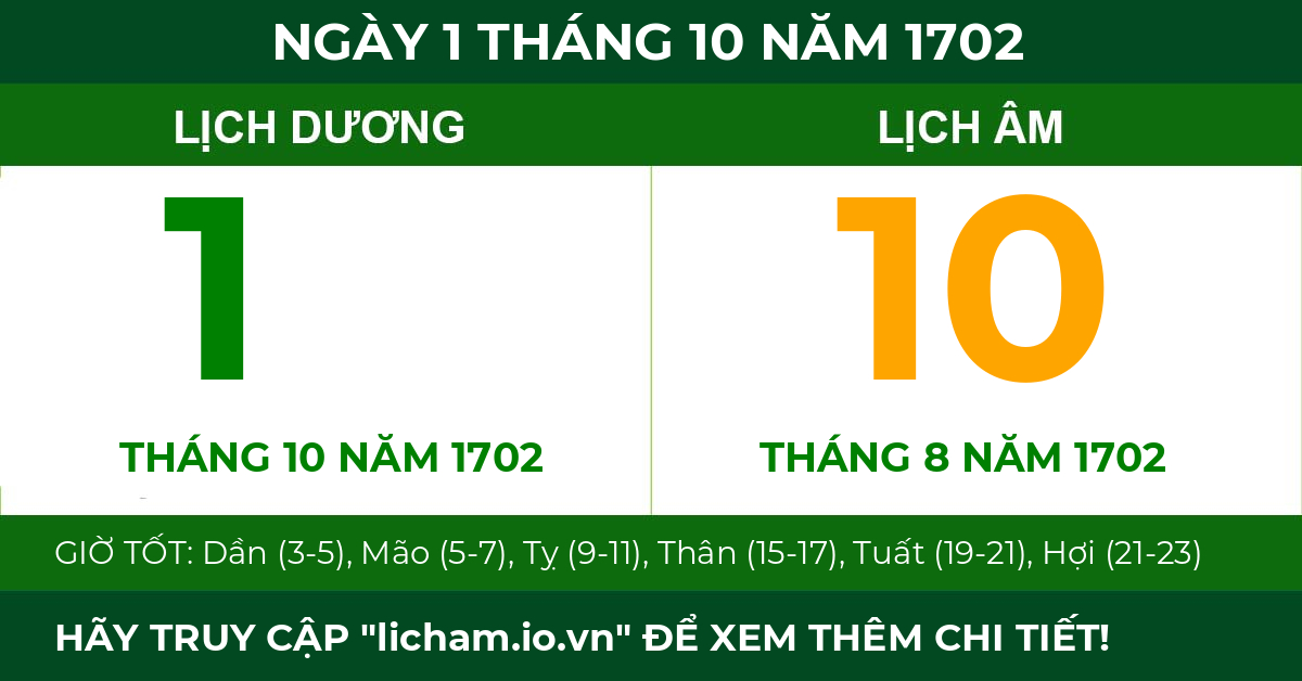 lịch âm ngày 1 tháng 10 năm 1702