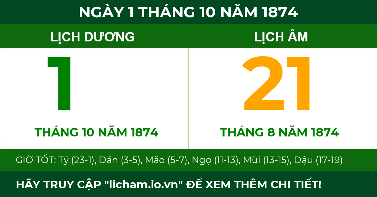 lịch âm ngày 1 tháng 10 năm 1874