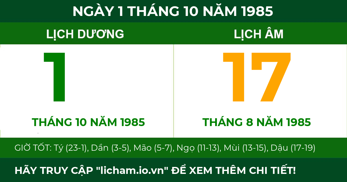 lịch âm ngày 1 tháng 10 năm 1985