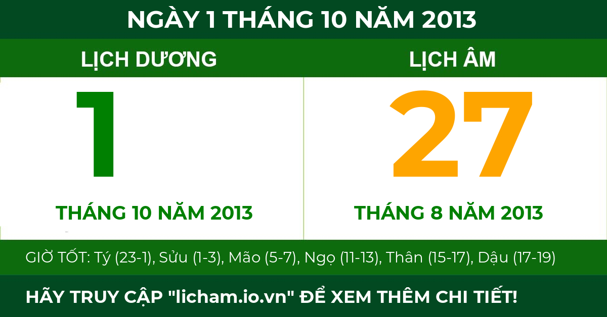 lịch âm ngày 1 tháng 10 năm 2013