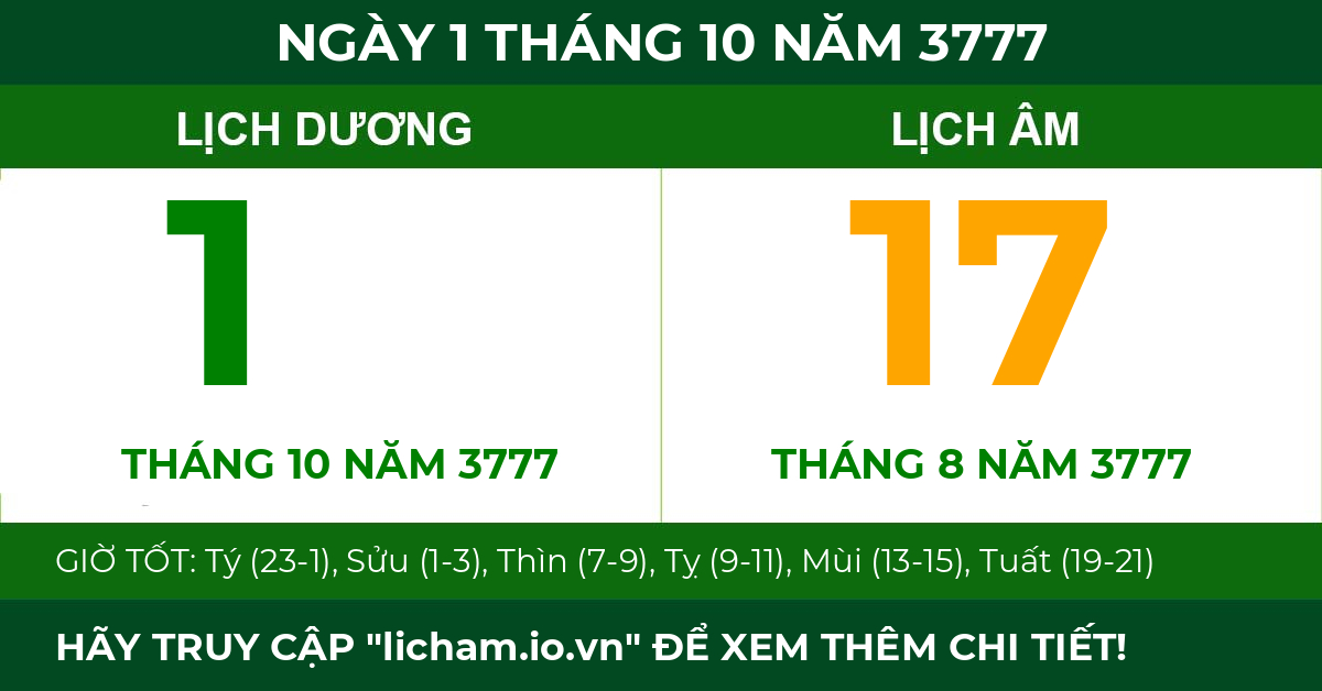 lịch âm ngày 1 tháng 10 năm 3777