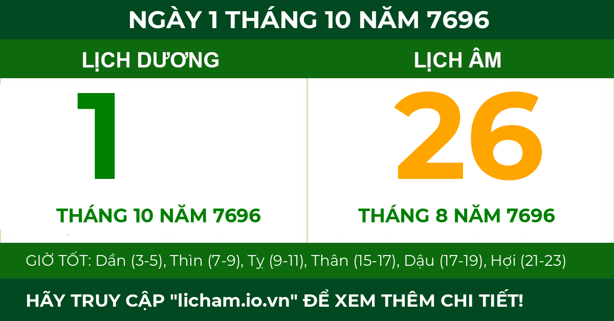 lịch âm ngày 1 tháng 10 năm 7696