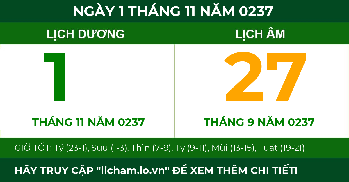lịch âm ngày 1 tháng 11 năm 0237