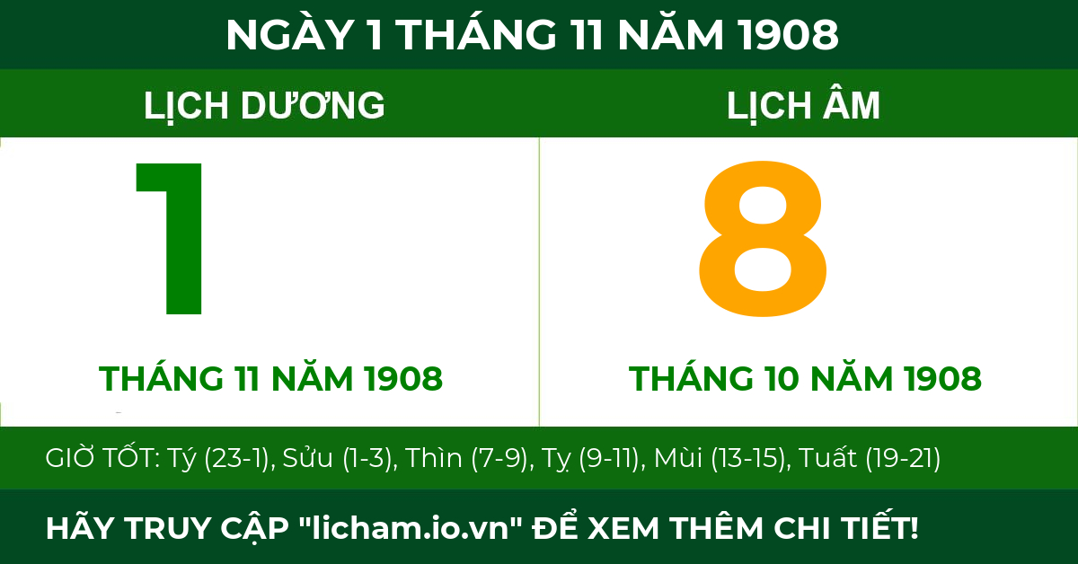 lịch âm ngày 1 tháng 11 năm 1908