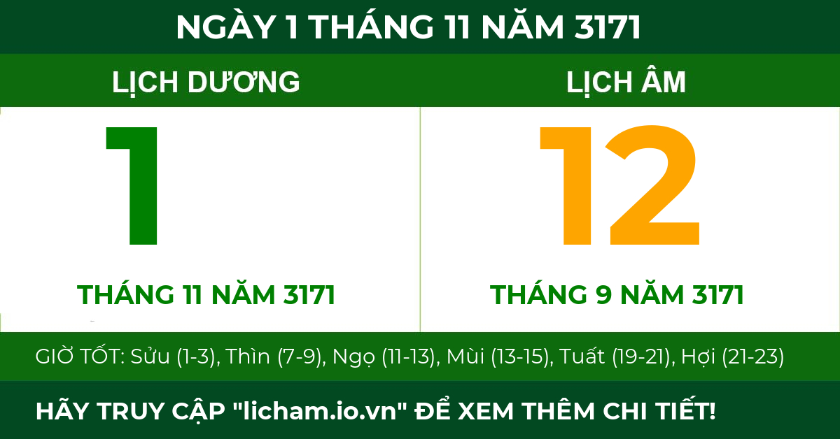 lịch âm ngày 1 tháng 11 năm 3171