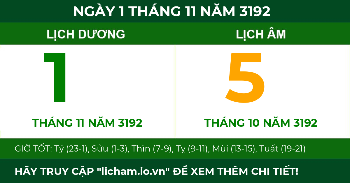 lịch âm ngày 1 tháng 11 năm 3192