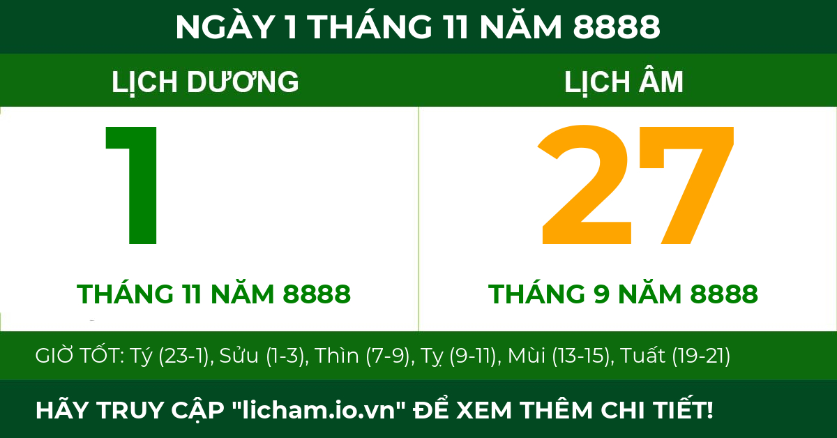 lịch âm ngày 1 tháng 11 năm 8888