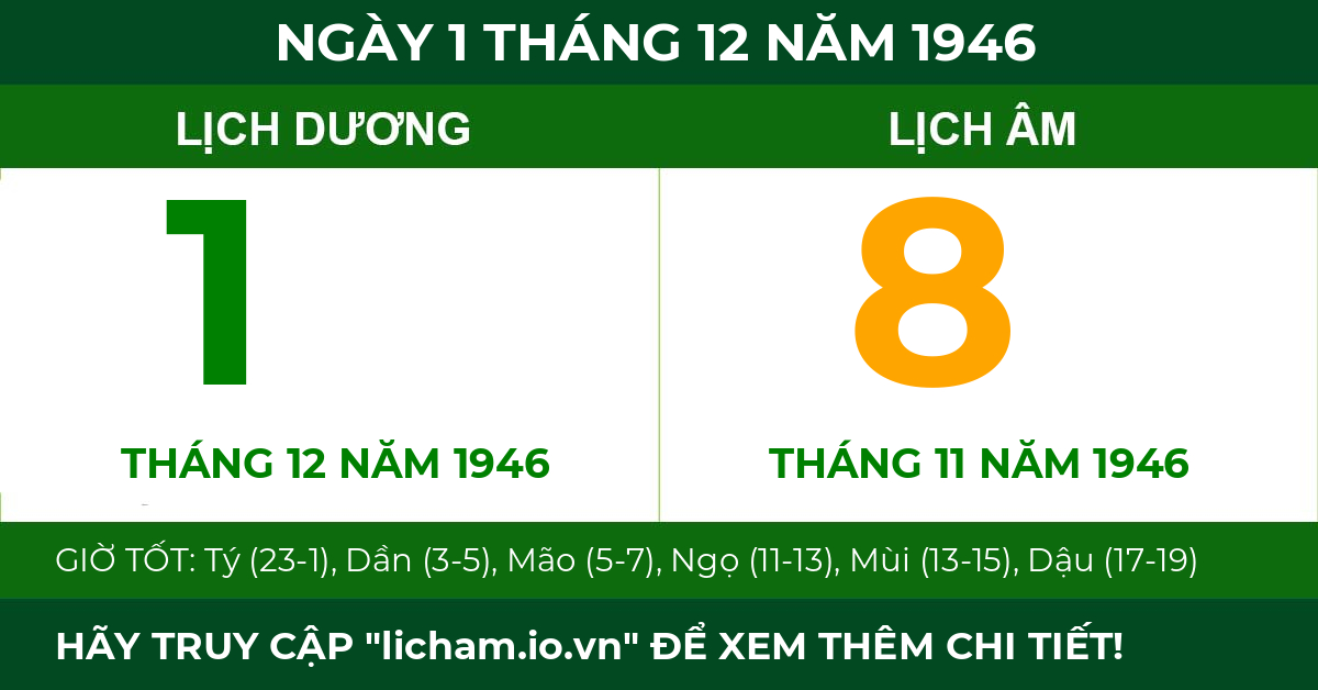 lịch âm ngày 1 tháng 12 năm 1946