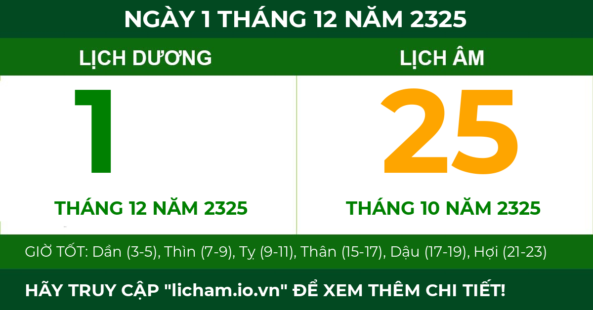 lịch âm ngày 1 tháng 12 năm 2325