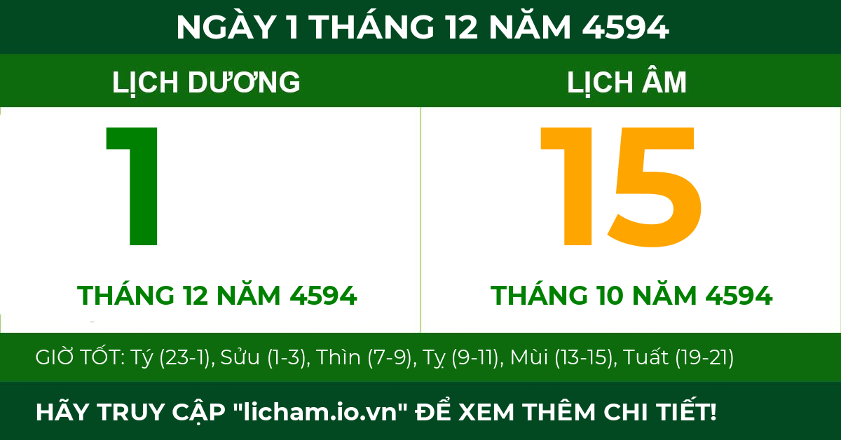 lịch âm ngày 1 tháng 12 năm 4594