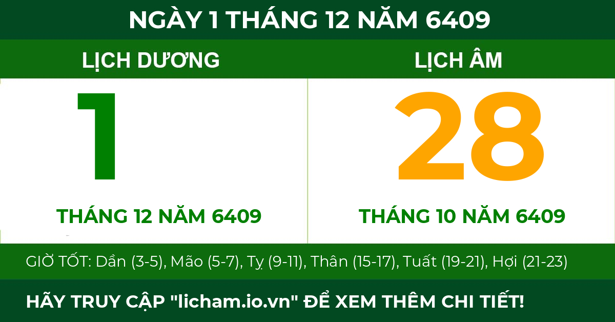 lịch âm ngày 1 tháng 12 năm 6409