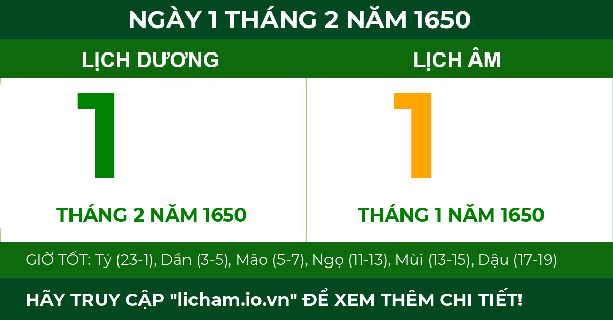 lịch âm ngày 1 tháng 2 năm 1650