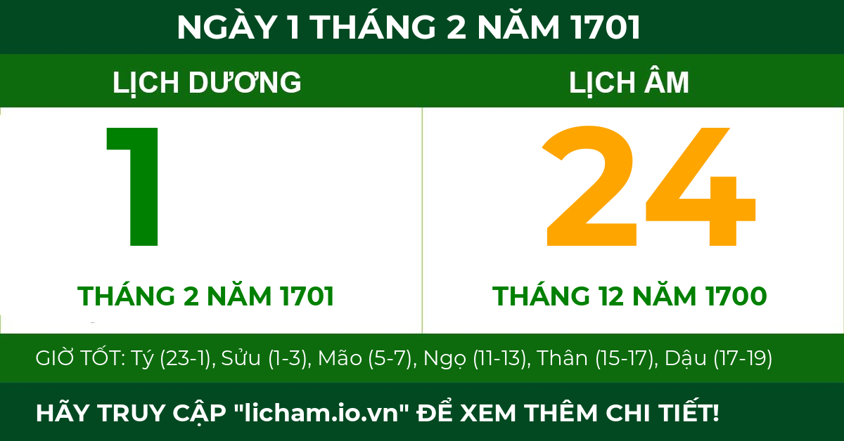 lịch âm ngày 1 tháng 2 năm 1701