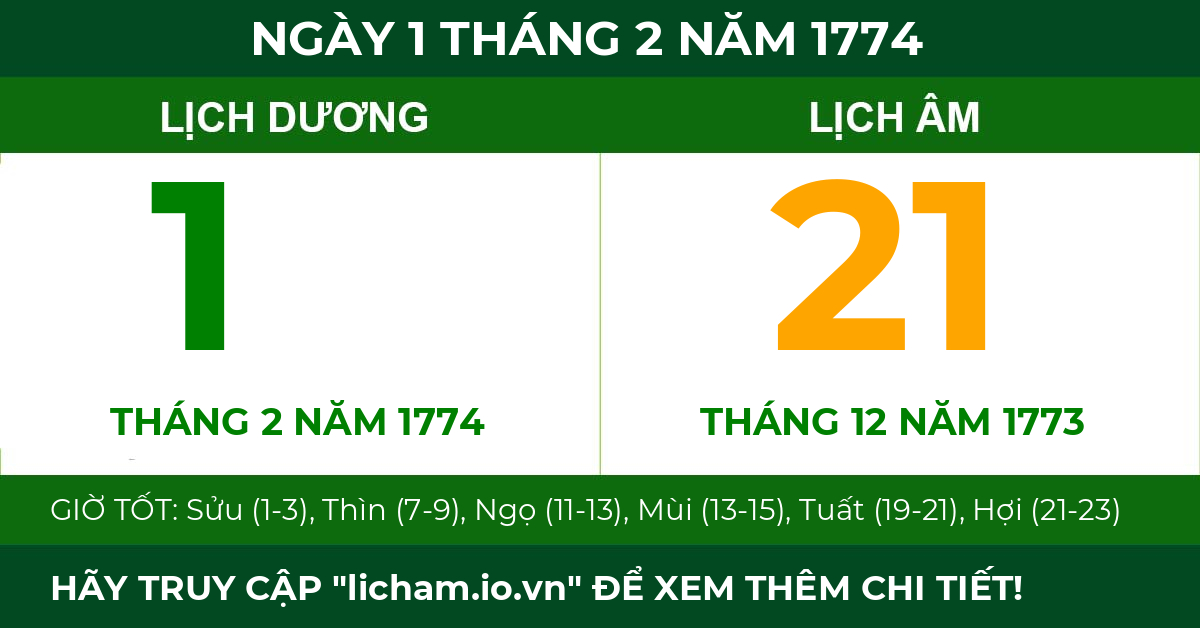 lịch âm ngày 1 tháng 2 năm 1774