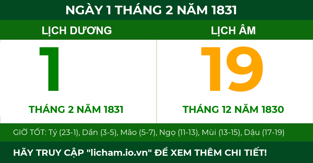 lịch âm ngày 1 tháng 2 năm 1831