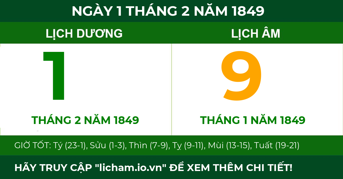 lịch âm ngày 1 tháng 2 năm 1849