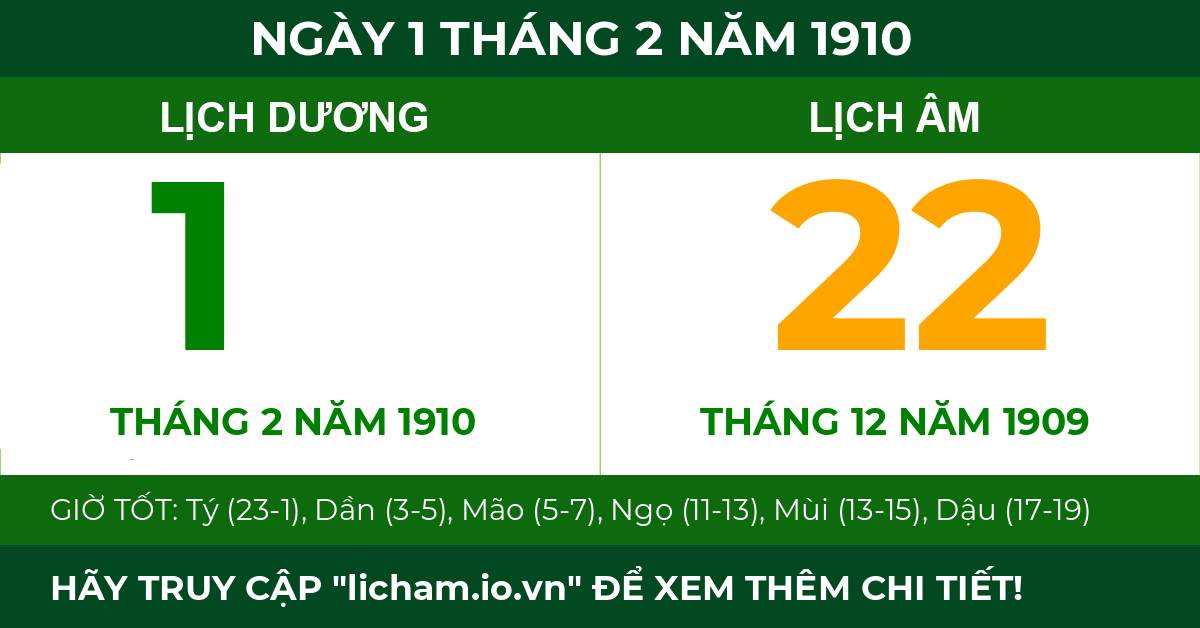 lịch âm ngày 1 tháng 2 năm 1910