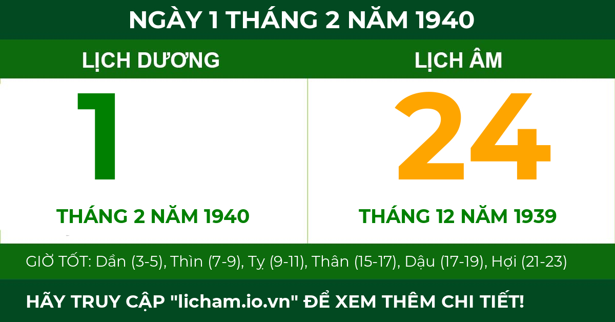 lịch âm ngày 1 tháng 2 năm 1940