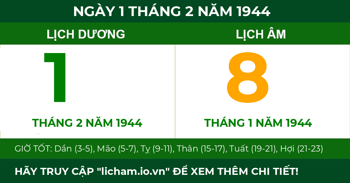lịch âm ngày 1 tháng 2 năm 1944