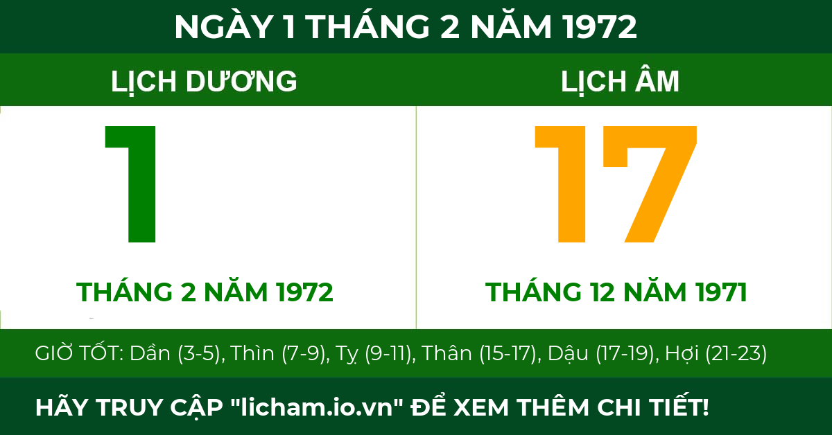 lịch âm ngày 1 tháng 2 năm 1972