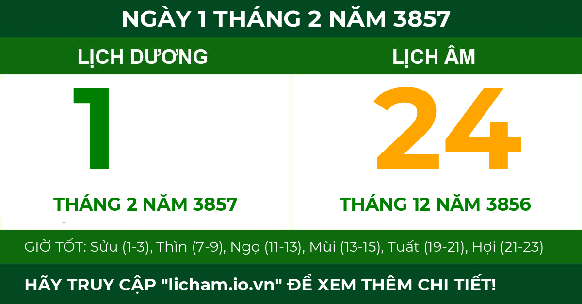 lịch âm ngày 1 tháng 2 năm 3857