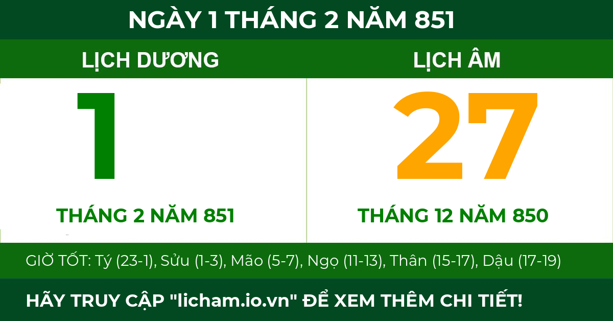 lịch âm ngày 1 tháng 2 năm 851