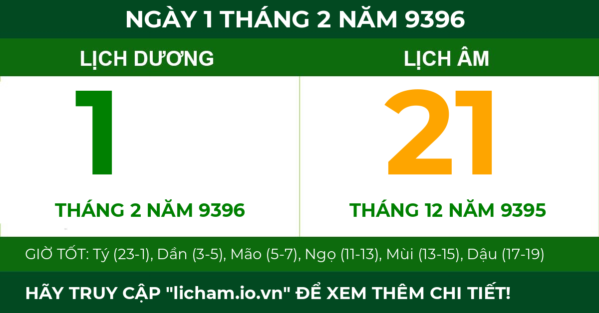 lịch âm ngày 1 tháng 2 năm 9396