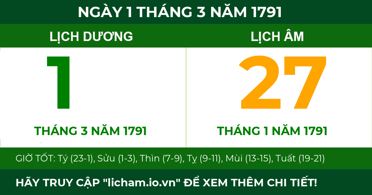 lịch âm ngày 1 tháng 3 năm 1791