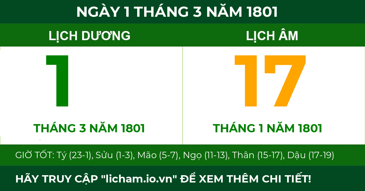 lịch âm ngày 1 tháng 3 năm 1801
