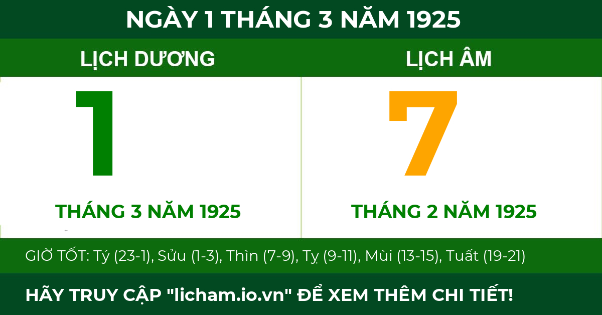 lịch âm ngày 1 tháng 3 năm 1925
