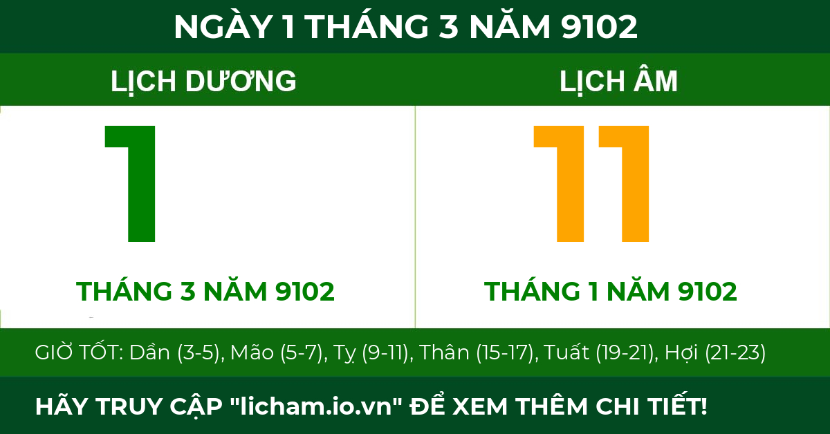 lịch âm ngày 1 tháng 3 năm 9102