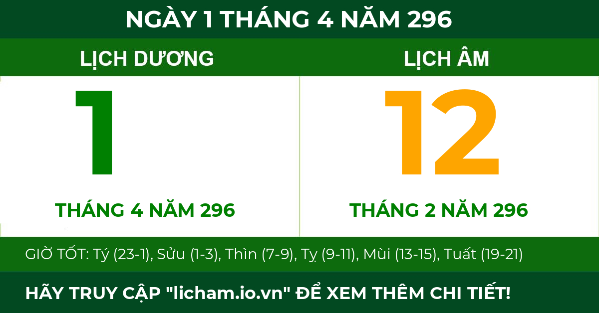 lịch âm ngày 1 tháng 4 năm 296