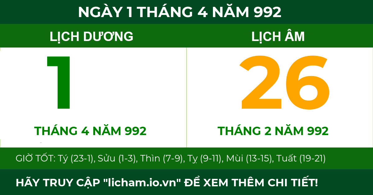 lịch âm ngày 1 tháng 4 năm 992