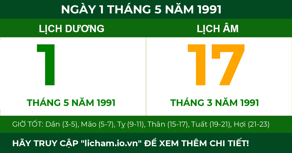 lịch âm ngày 1 tháng 5 năm 1991