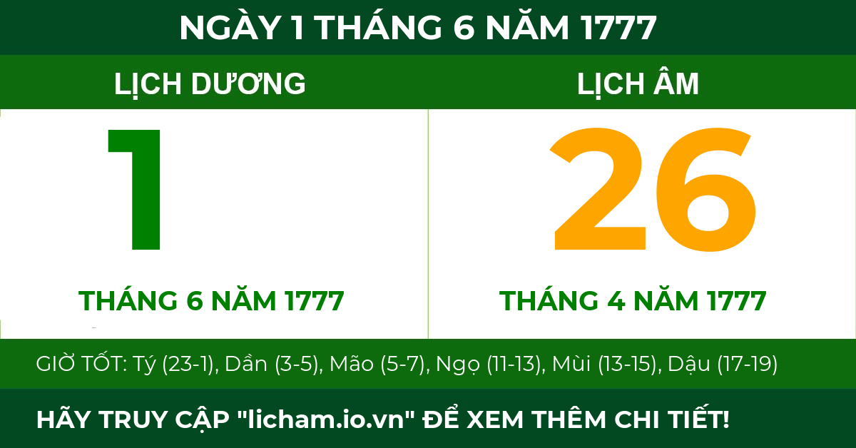 lịch âm ngày 1 tháng 6 năm 1777