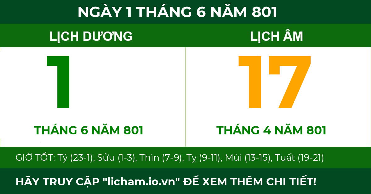 lịch âm ngày 1 tháng 6 năm 801
