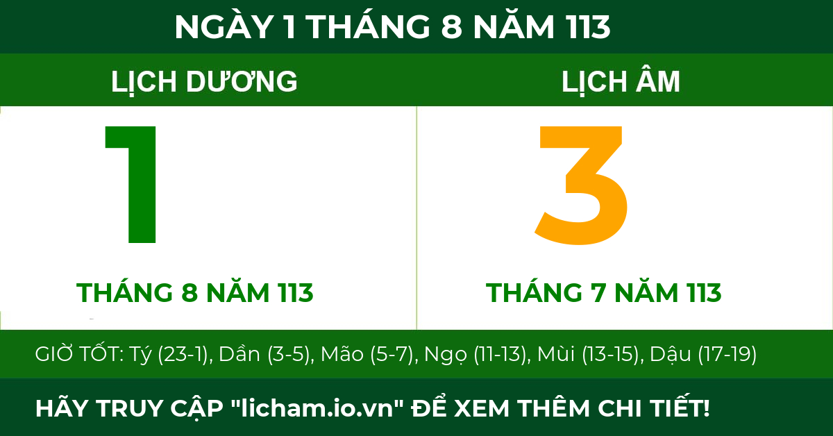lịch âm ngày 1 tháng 8 năm 113