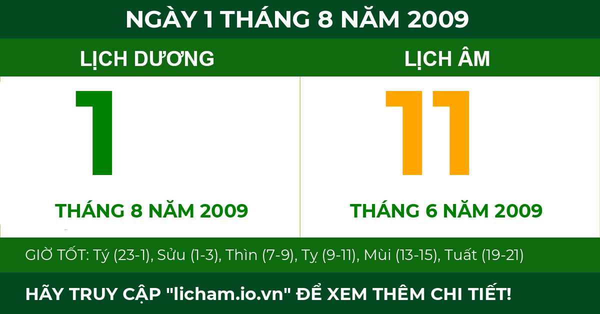 lịch âm ngày 1 tháng 8 năm 2009