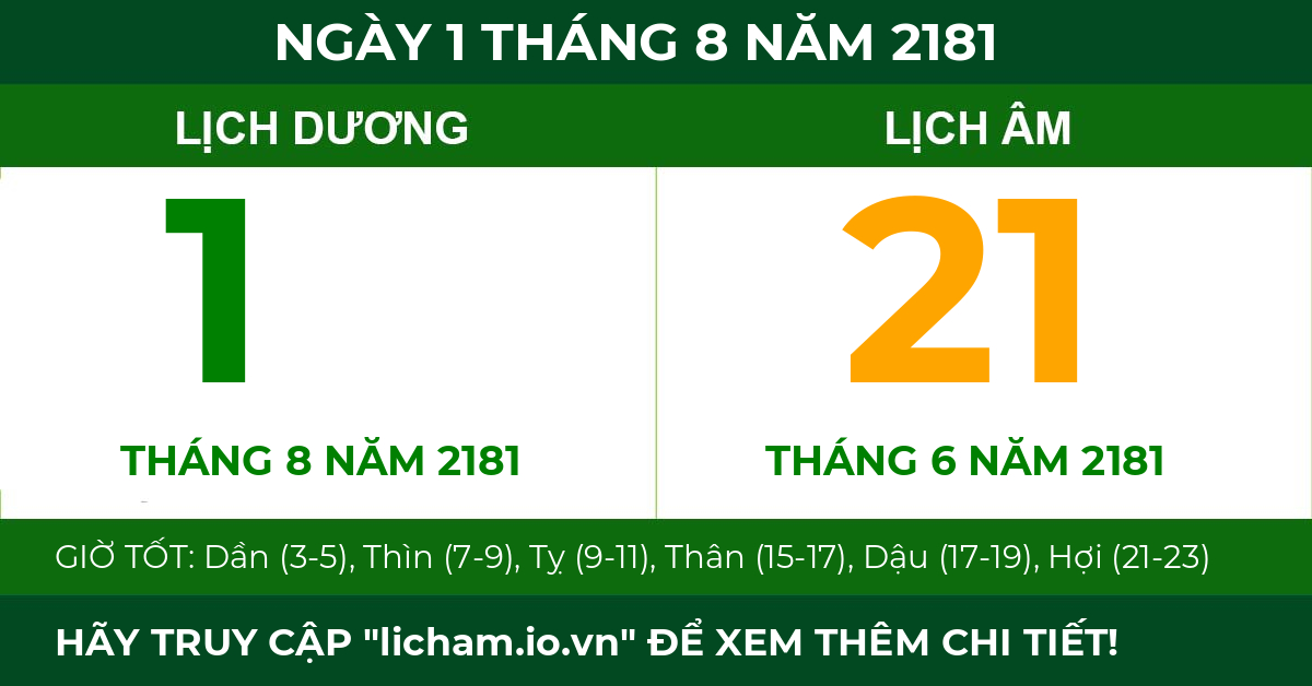lịch âm ngày 1 tháng 8 năm 2181