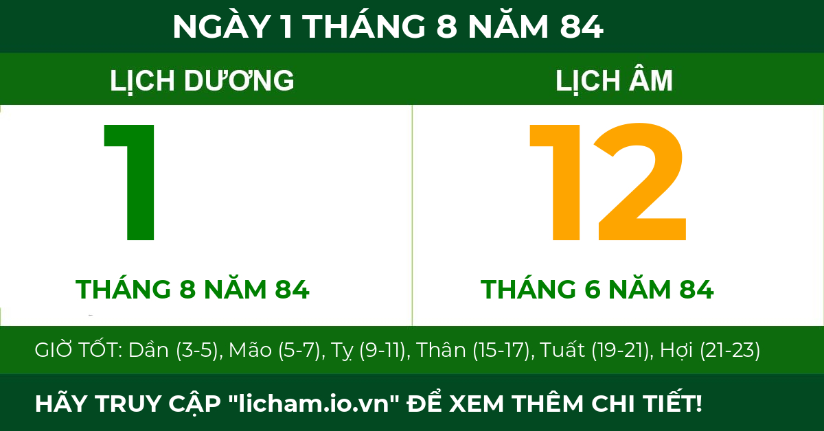 lịch âm ngày 1 tháng 8 năm 84