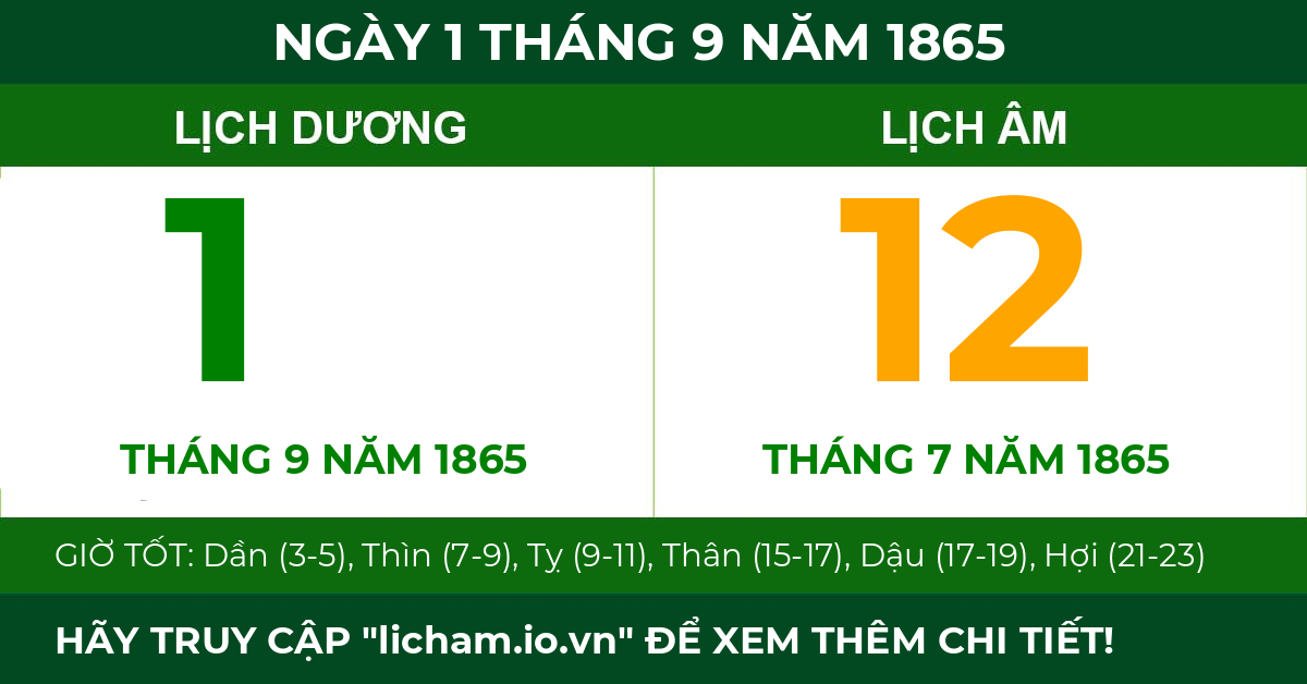 lịch âm ngày 1 tháng 9 năm 1865