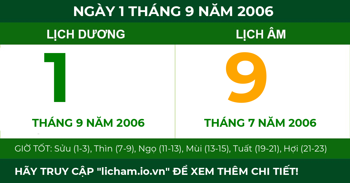 lịch âm ngày 1 tháng 9 năm 2006