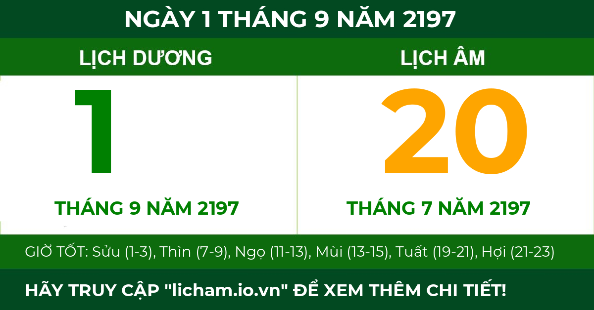 lịch âm ngày 1 tháng 9 năm 2197