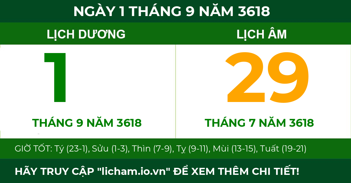 lịch âm ngày 1 tháng 9 năm 3618