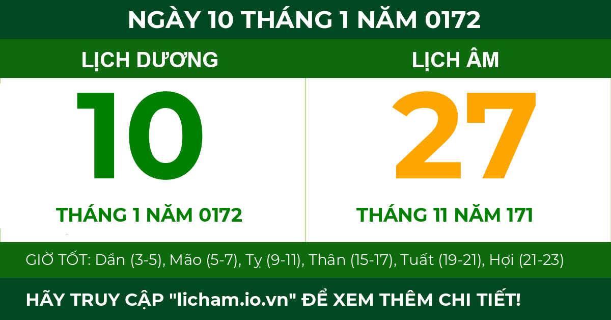 lịch âm ngày 10 tháng 1 năm 0172