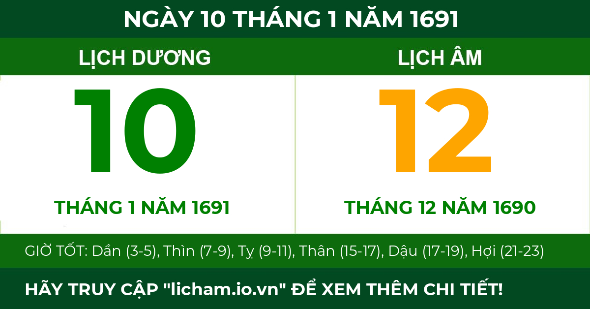 lịch âm ngày 10 tháng 1 năm 1691