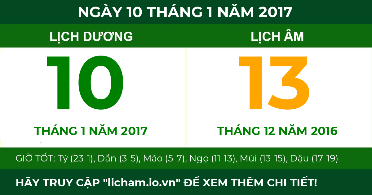 lịch âm ngày 10 tháng 1 năm 2017