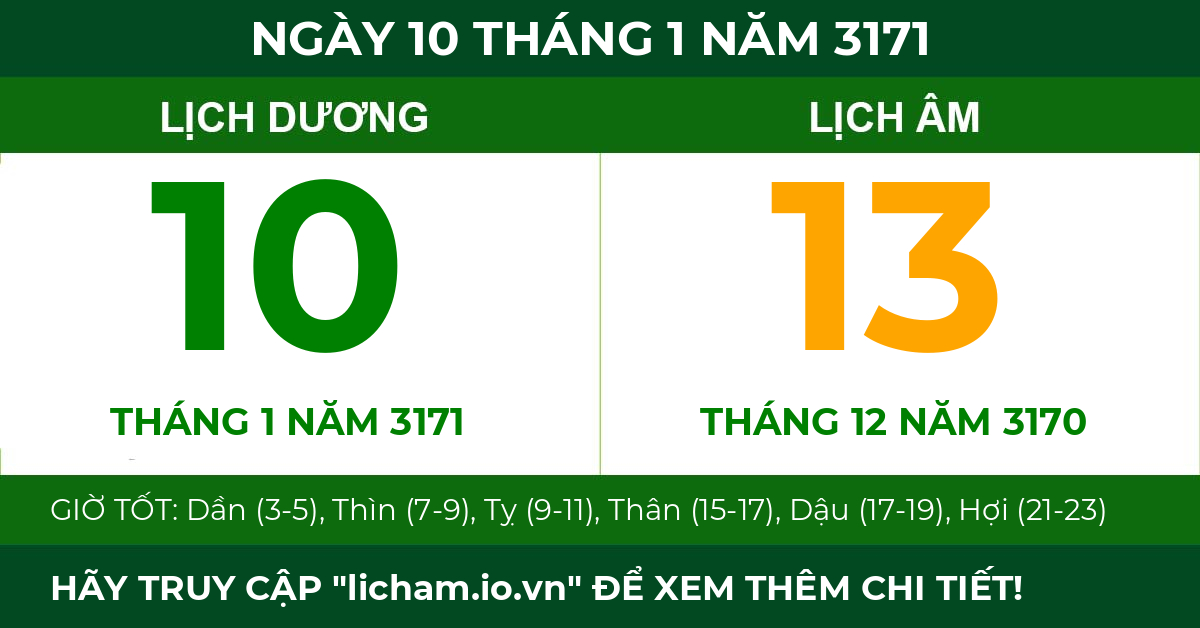 lịch âm ngày 10 tháng 1 năm 3171