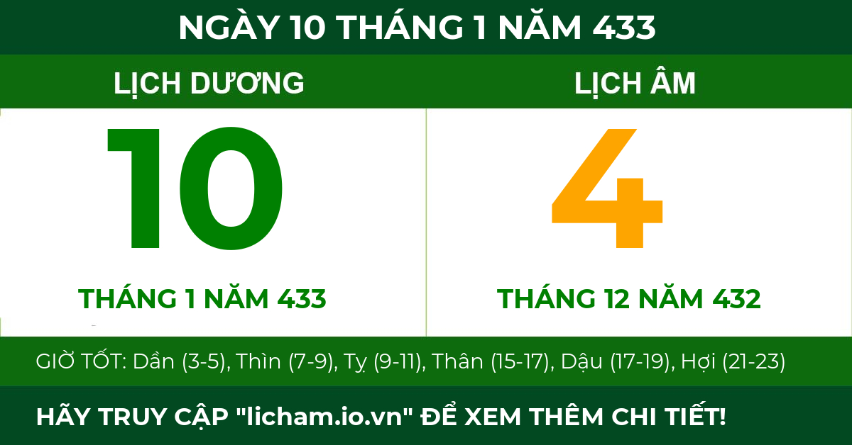 lịch âm ngày 10 tháng 1 năm 433