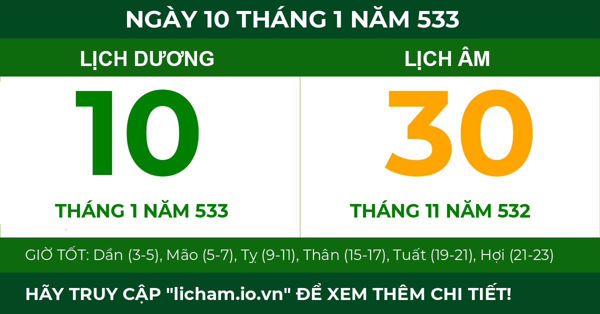 lịch âm ngày 10 tháng 1 năm 533